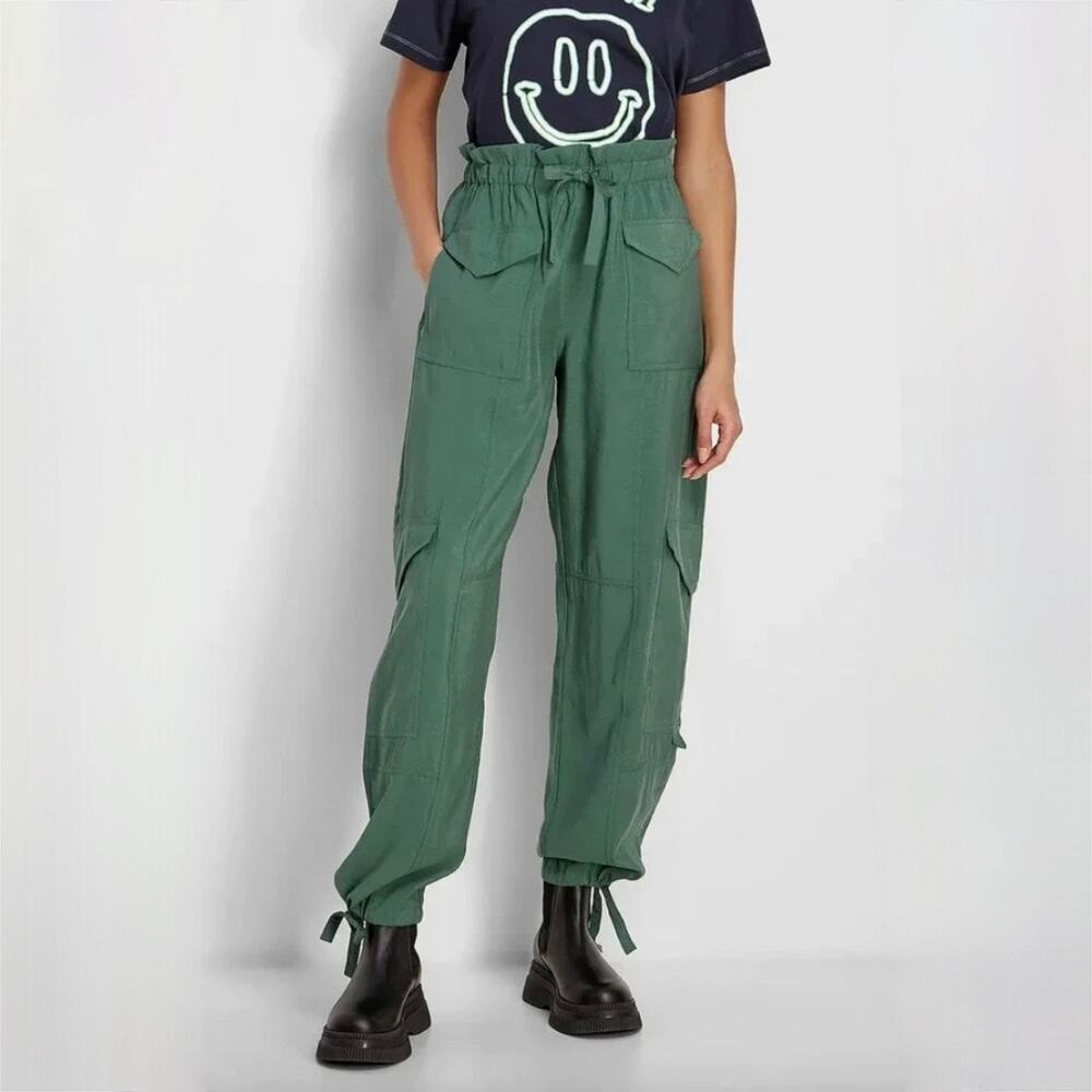 GANNI Tie-Cuff Paperbag Waist Cargo Pants - Green - Size 36 - US 2/4